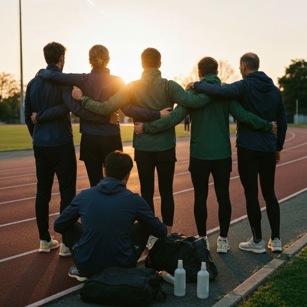 Sportgemeinschaft in einheitlicher Vereinskleidung im Abendlicht