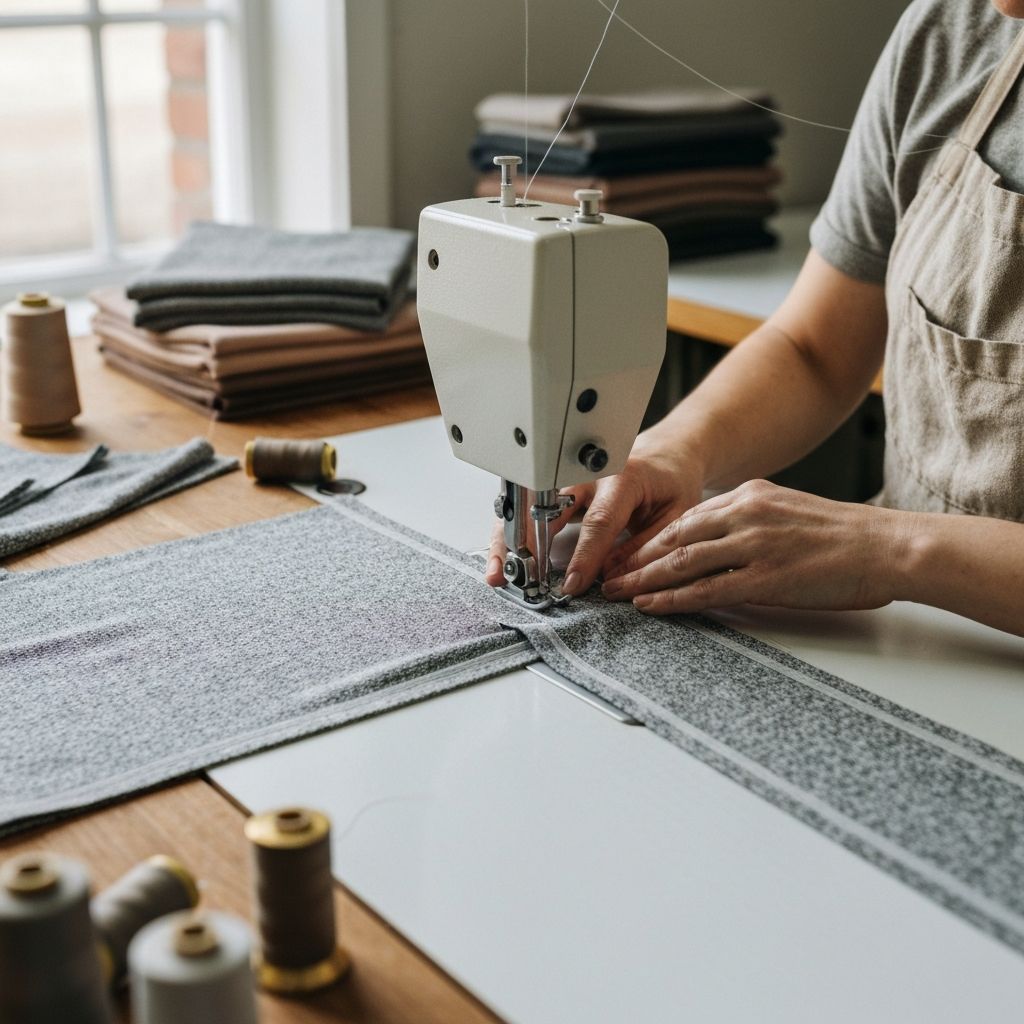 Schneiderin verarbeitet recyceltes Polyester-Mesh in einer kleinen europäischen Manufaktur