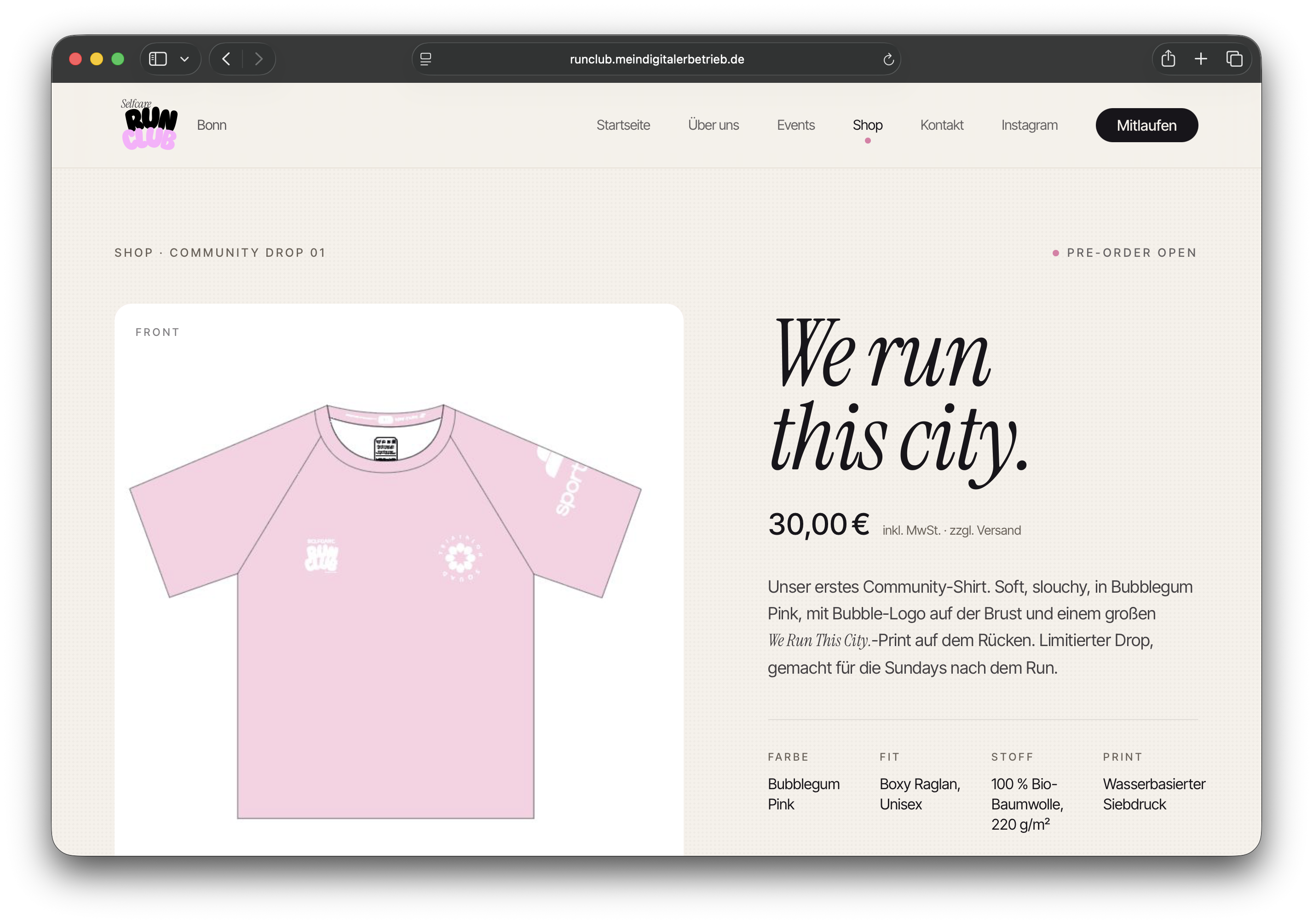 Live-Shop des Self-Care Runclub Bonn auf runclub.meindigitalerbetrieb.de — Produktdetailseite des We-Run-This-City-Shirts
